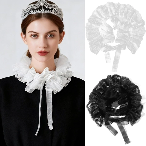 Falso Colletto in Pizzo Vintage a Balze Stile Vittoriano Gotico Palazzo Accessorio Collo Con Fiocco in Nastro Decorativo Donna