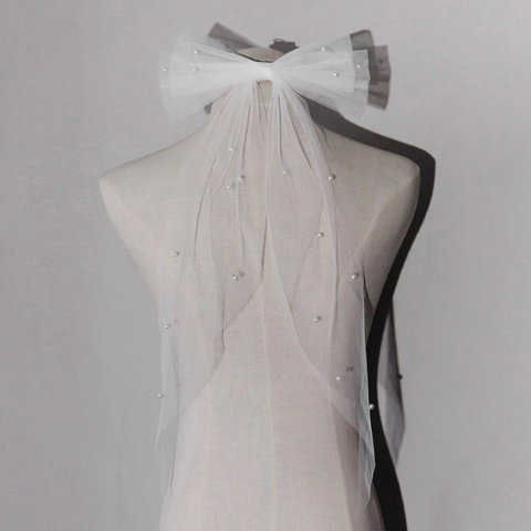 Velo de Novia con Lazo de Malla Blanca con Perlas Artificiales de Imitación Pinza de Pelo de Cinta Larga para Boda Compromiso Fiesta de Cumpleaños Tocado