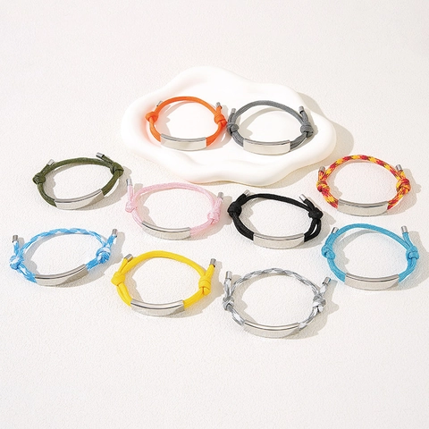Adjustable Stainless Steel Braided Rope Bracelet For Men Women Minimalist Curved Metal Plate Engravable Fashion Jewelry Gift