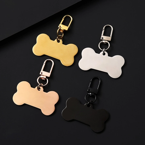 Bone Shaped Stainless Steel Pet ID Tag Plain Blank Metallic Dog Name Tag Pendant With Lobster Clasp Keychain Jewelry For Pets