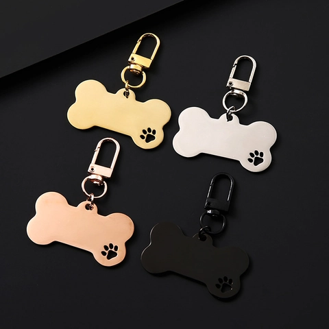 Stainless Steel Bone Shaped Pet ID Tag Keychain With Hollow Paw Print Pattern Electroplated Metal Dog Tag For Cats Dogs