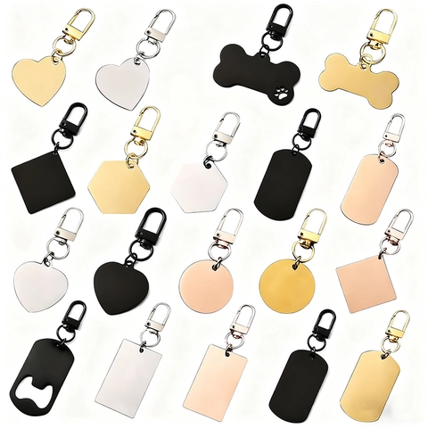 Stainless Steel Blank Keychain DIY Engraving Tag Heart Bone Round Hexagon Metal Key Ring Pendant For Personal Gift Pet ID