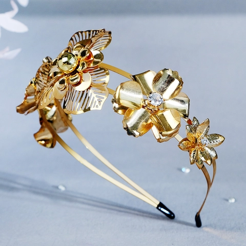 Baroque Gold Alloy Flower Bridal Headband Vintage Double Layer Floral Wedding Hairband Rhinestone Crown Hair Accessories For Women