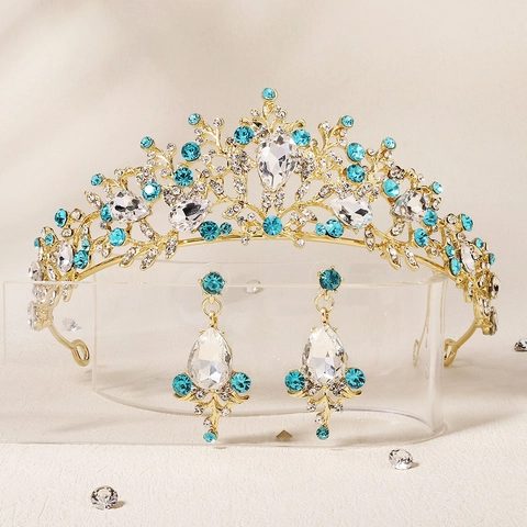 Luxurious Gold Alloy Bridal Jewelry Set Vintage Royal Rhinestone Crown Tiara And Teardrop Earrings Set For Wedding Party Women