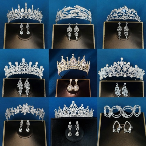 Luxurious Bridal Jewelry Set Alloy Rhinestone Tiara Crown And Dangle Earrings For Wedding Banquet Party Women Fashion Jewelry