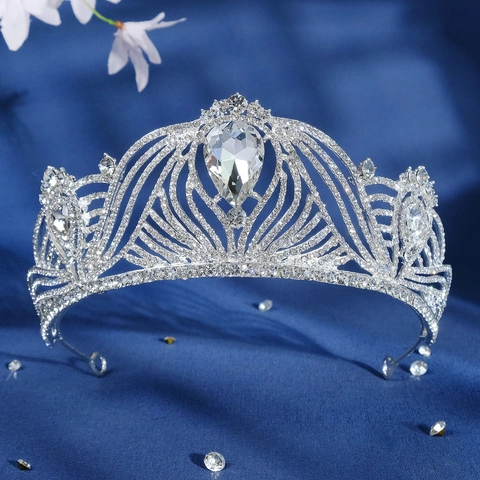Corona da Sposa Vintage in Lega d'Argento con Strass per Donna Tiara di Lusso con Cristalli a Goccia per Matrimonio e Festa