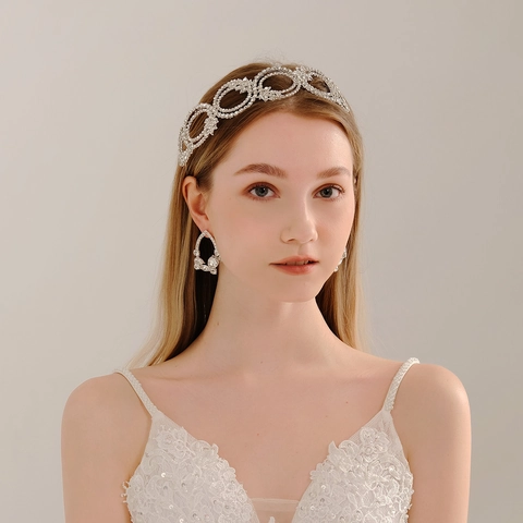 Silver Rhinestone Bridal Jewelry Set Hollow Geometric Crown Tiara Water Drop Earrings For Women Wedding Party Prom