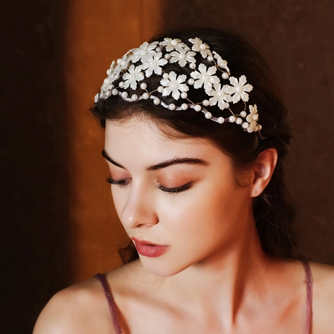 Cerchietto da Sposa con Fiori e Künstliche Perle Fatto a Mano Accessori per Capelli Matrimonio Retrò Francese Tiara Floreale Donna