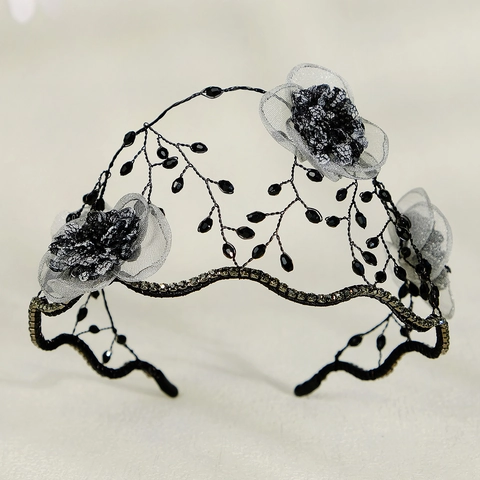 Diadema Retro Francesa de Lujo con Flores Cuentas de Cristal Velo de Malla Accesorios Cabello Novia Boda Mujer Corona