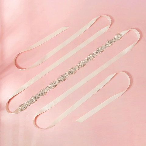 Bridal Sash Belt With Rhinestones And Imitation Artificial Pearls Elegant Ivory Satin Ribbon Women Formal Gown Accessory Wedding Belt