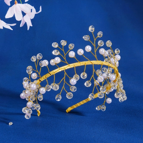 Diadema de Cuentas Cristal y Perlas Artificiales Hecha a Mano Rama Dorada Tiara Accesorio para el Cabello para Boda Cumpleaños Mujer