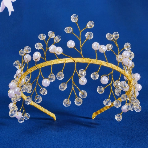 Diadema de Cuentas Cristal y Perlas Artificiales Hecha a Mano Rama Dorada Tiara Accesorio para el Cabello para Boda Cumpleaños Mujer