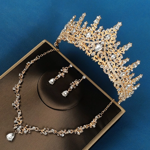 Luxury Baroque Bridal Tiara Necklace And Earrings Gold Silver Alloy Rhinestone Accessories For Wedding Prom Pageant Women