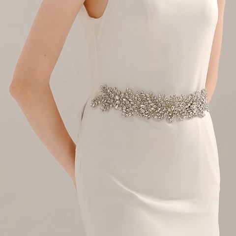 Luxury Bridal Belt Rhinestone Wedding Sash With Leaf Pattern Hand Beaded Satin Ribbon Dress Decoration For Women Party Silver