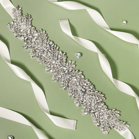 Luxury Bridal Belt Rhinestone Wedding Sash With Leaf Pattern Hand Beaded Satin Ribbon Dress Decoration For Women Party Silver