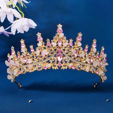 Corona Tiara da Sposa Barocca in Lega Dorata Con Frammenti di Cristallo Blu Strass Matrimonio Festa Compleanno Copricapo per Donna