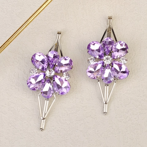 Koreaanse Elegante Paarse Bloem Strass Haarspelden Legering Ingelegde Bloemige Haarpas Bruid Bruiloft Dagelijkse Haar Sieraden Voor Dames