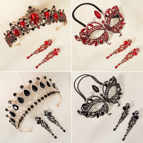 Baroque Vintage Alloy Rhinestone Jewelry Set Halloween Masquerade Red Black Crown Butterfly Mask Dangle Earrings For Women Party