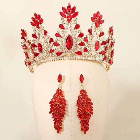 Vintage Baroque Gold Red Rhinestone Crown And Earrings Luxurious Bridal Wedding Party Prom Jewelry Accessories For Women