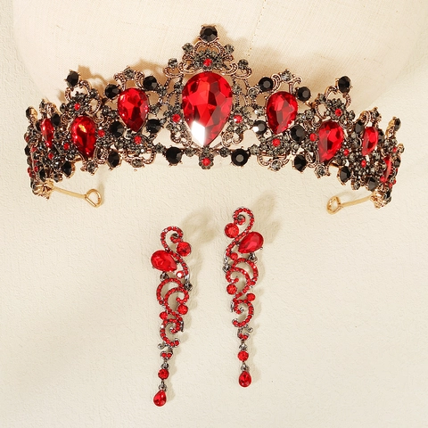 Baroque Vintage Alloy Rhinestone Jewelry Set Halloween Masquerade Red Black Crown Butterfly Mask Dangle Earrings For Women Party
