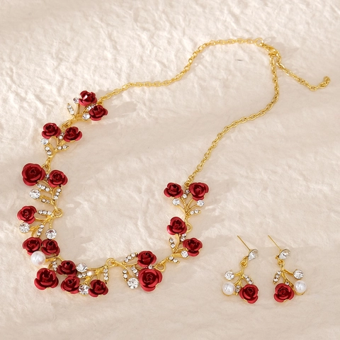 Luxus Rote Rose Blume Krone Halskette Ohrringe Set Gold Legierung Strass Künstliche Perle Braut Hochzeit Kinder Geburtstag Party Schmuck