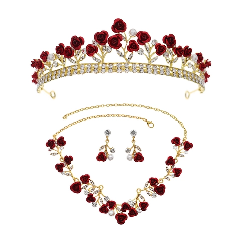 Luxus Rote Rose Blume Krone Halskette Ohrringe Set Gold Legierung Strass Künstliche Perle Braut Hochzeit Kinder Geburtstag Party Schmuck