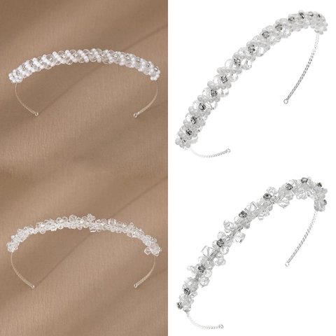 Elegant Handmade Woven Crystal Artificial Pearl Bridal Headband Sparkly Silver Hair Hoop For Wedding Party Photography Women Accessories