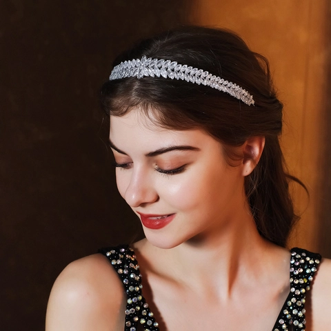 Cerchietto da Sposa con Foglie di Zircone Lega Argento Motivo a Spiga Accessorio per Capelli per Donna Matrimonio Gioielli