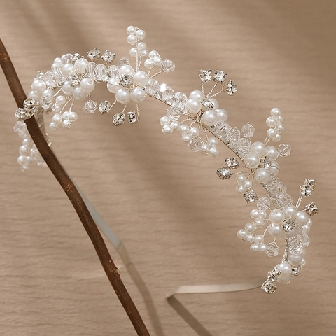 Handmade Crystal Artificial Pearl Bridal Headband Silver Flower Hair Hoop For Wedding Party Performance Women Girls Hair Accessory