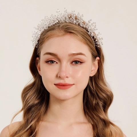Lussuoso Cerchietto da Sposa con Perline di Cristallo Fatto a Mano Design Foglia d'Albero Ramo Accessori Capelli Matrimonio Donna