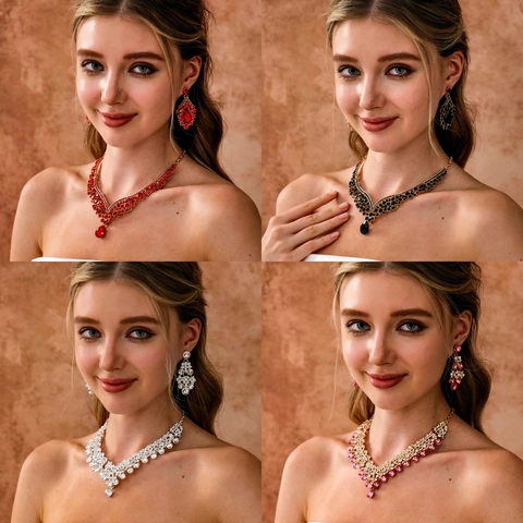 Vintage Luxury Alloy Rhinestone Waterdrop Necklace And Earrings Jewelry Set For Women Wedding Bridal Banquet Party Accessories