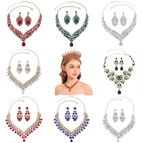 Vintage Luxury Alloy Rhinestone Waterdrop Necklace And Earrings Jewelry Set For Women Wedding Bridal Banquet Party Accessories