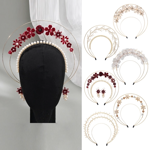 Ancient Lolita Madonna Halo Crown Headband Handmade Artificial Pearl Flower Wedding Party Photography Hair Accessories