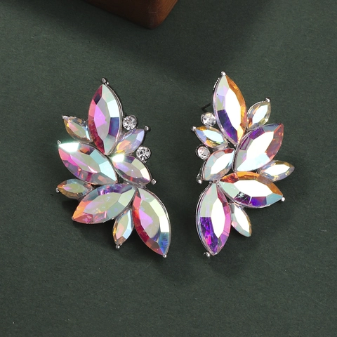 Elegant Aurora Colorful AB Rhinestone Leaf Stud Earrings For Women Alloy Silver Color Bridal Wedding Prom Party Jewelry