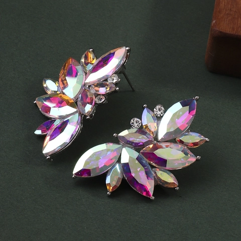 Elegant Aurora Colorful AB Rhinestone Leaf Stud Earrings For Women Alloy Silver Color Bridal Wedding Prom Party Jewelry