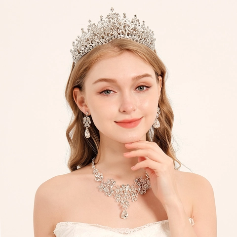 Luxury Rhinestone Bridal Jewelry Set Baroque Hollow Crown Necklace Earrings For Women Wedding Party Prom Dress Accessories