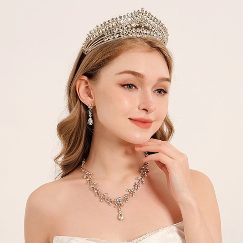 Luxus Strass Brautschmuck Set Vintage Legierung Krone Halskette Ohrringe Für Damen Hochzeit Party Ball Bankett Accessoires