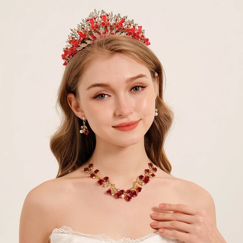 Luxury Alloy Rhinestone Flower Bridal Jewelry Set Crown Tiara Necklace Earrings For Wedding Party Women Accessories