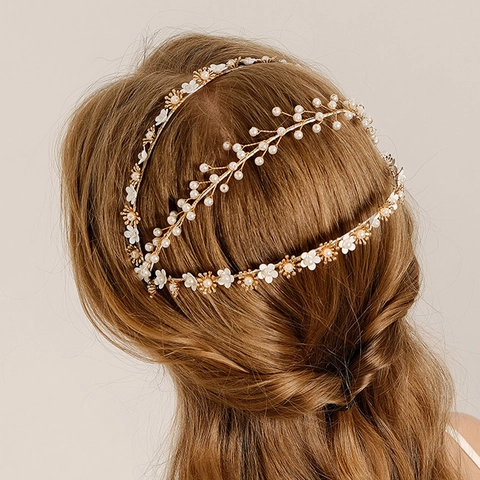 Handgemacht Gold Kupferdraht Braut Haarranke Mit Weißen Acrylblumen Und Imitationsperlen Hochzeit Stirnband Für Damen Schmuck