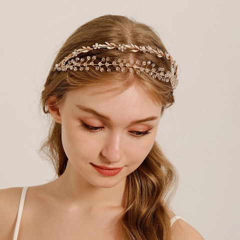 Tocado de Novia Hoja Dorada Diamantes de Imitación Perla Artificial Falsa Diadema Doble Capa Hecho a Mano Cristal Accesorios Boda Fiesta Mujer