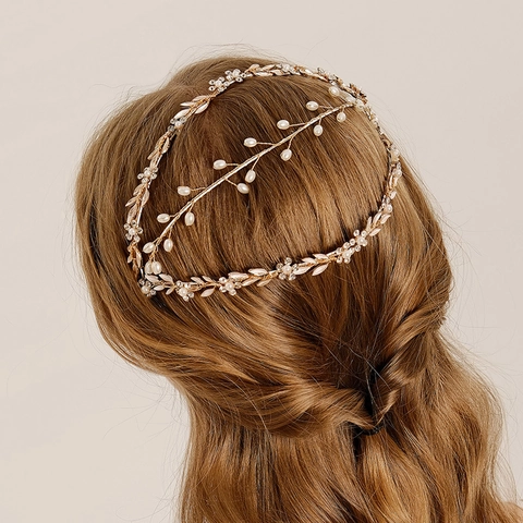 Fascia Sposa Oro Vintage Fatta a Mano con Künstliche Perle Strass Foglie Fiori Vite per Capelli Accessori Matrimonio Festa Donna