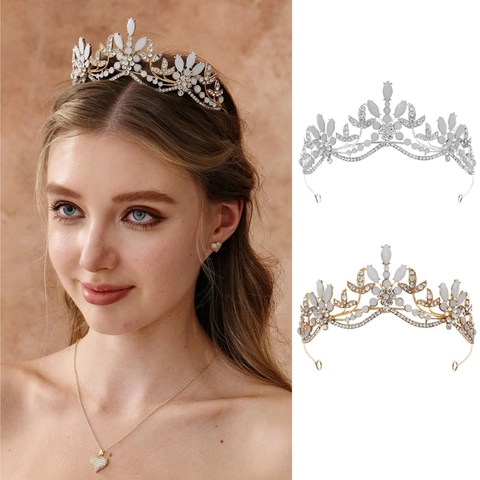 Lujosa Corona de Novia de Aleación de Strass Elegante Tiara de Boda Floral de Hoja Oro Plata Diadema de Concurso para Mujer Joyería