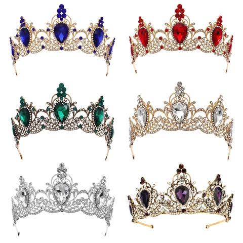 Couronne de Mariée Baroque Vintage Diadème de Mariage en Strass Alliage Goutte d'Eau Cristal Accessoires de Cheveux pour Bal Anniversaire Bijoux Femme