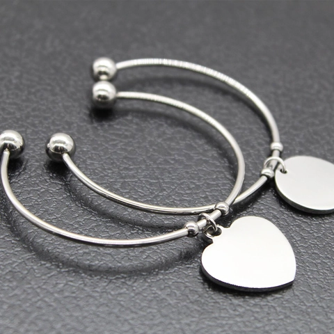 Stainless Steel Open Bangle Cuff Bracelet With Round Heart Pendant Blank For Laser DIY Minimalist Fashion Jewelry Gift