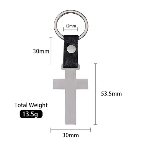 Industrial Brushed Metal Cross Keychain With Faux Leather Strap Minimalist Stainless Steel Religious Key Ring For Men Women Gift