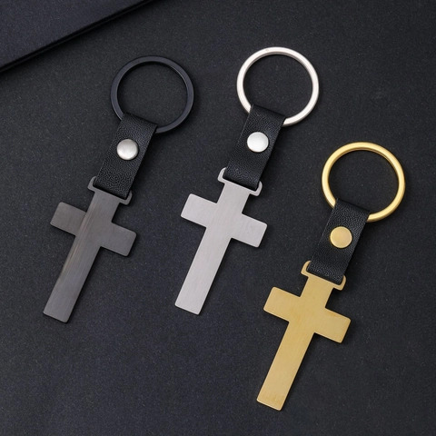 Industrial Brushed Metal Cross Keychain With Faux Leather Strap Minimalist Stainless Steel Religious Key Ring For Men Women Gift