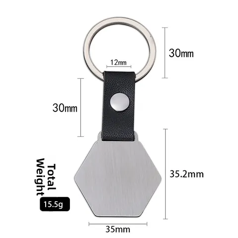 Llavero de Metal y Cuero Hexagonal Minimalista en Blanco para Grabado Láser Regalo Anillo para Hombres Mujeres Negocios Pulido