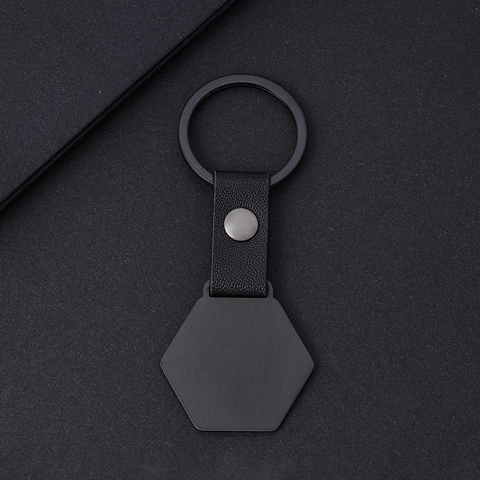 Llavero de Metal y Cuero Hexagonal Minimalista en Blanco para Grabado Láser Regalo Anillo para Hombres Mujeres Negocios Pulido