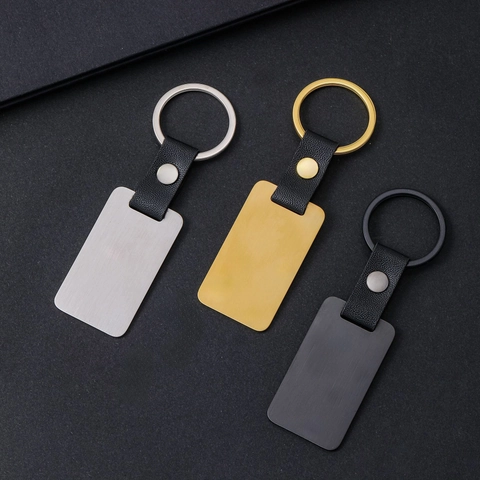 Portachiavi in Pelle e Acciaio Inossidabile Minimalista Rettangolo Incisione Laser DIY Portachiavi in Metallo Grezzo per Uomo Donna Regalo