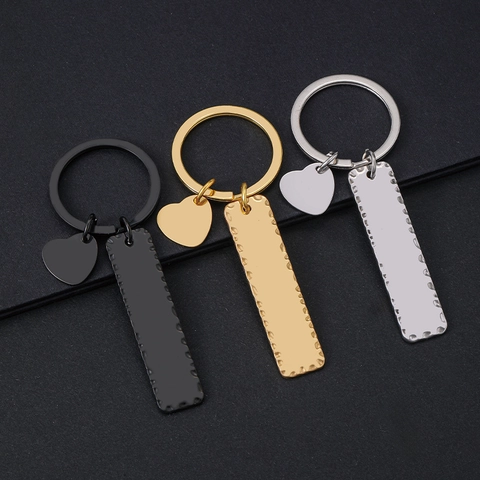 Minimalistischer Edelstahl Schlüsselanhänger Gehämmert Rechteck Mit Herz Anhänger DIY Gravierbar Blanko Metall Schlüsselring Geschenk